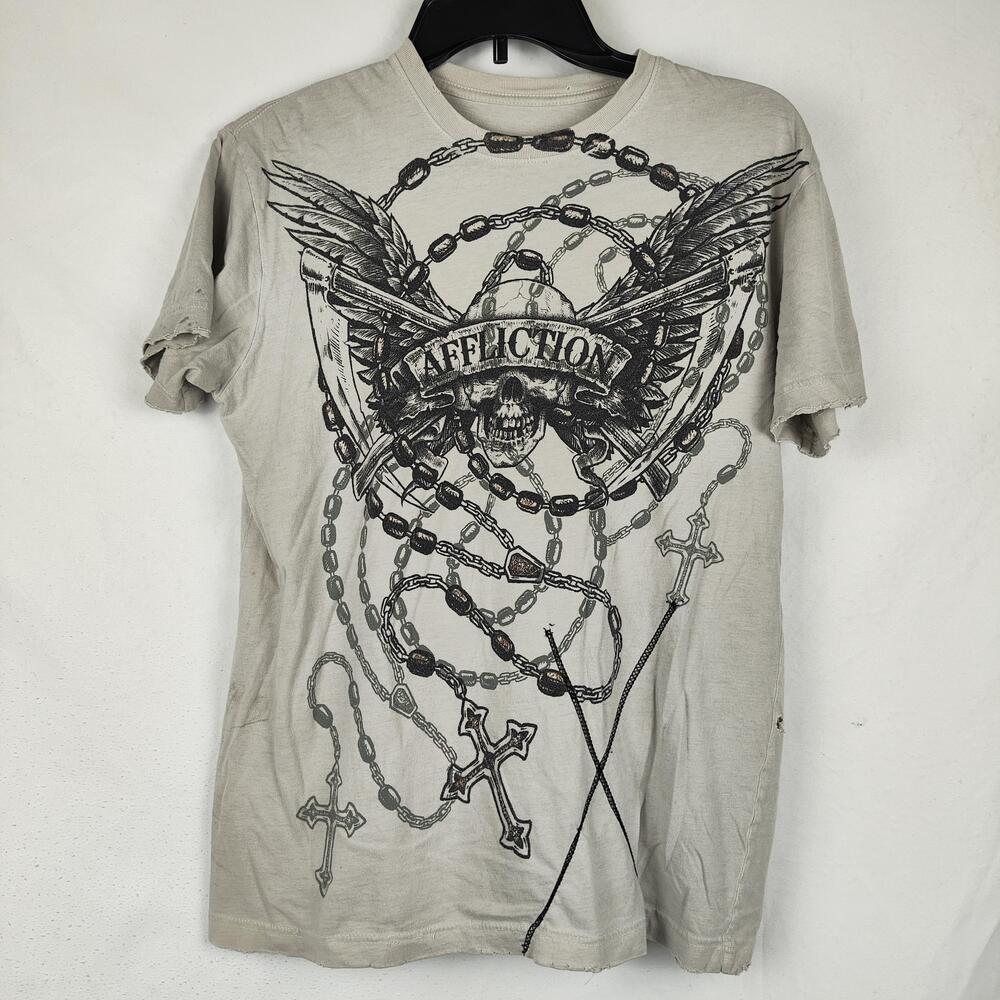 Affliction Shirt Mens Small Gray Gothic Skull Wings Cross Graphic Tee Made USA